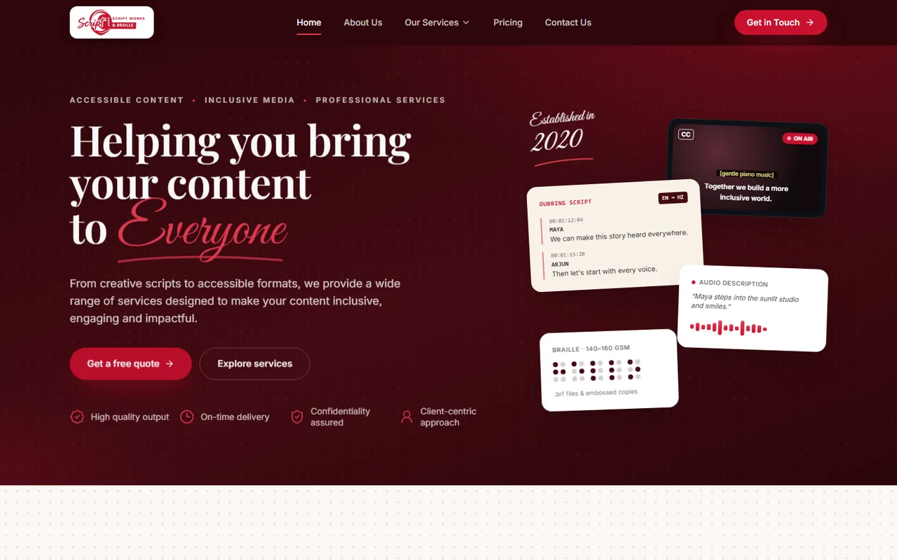 Screenshot of the Script Works & Braille website
